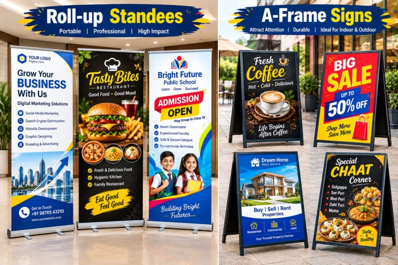 Roll-up Standees and A-Frame signs.